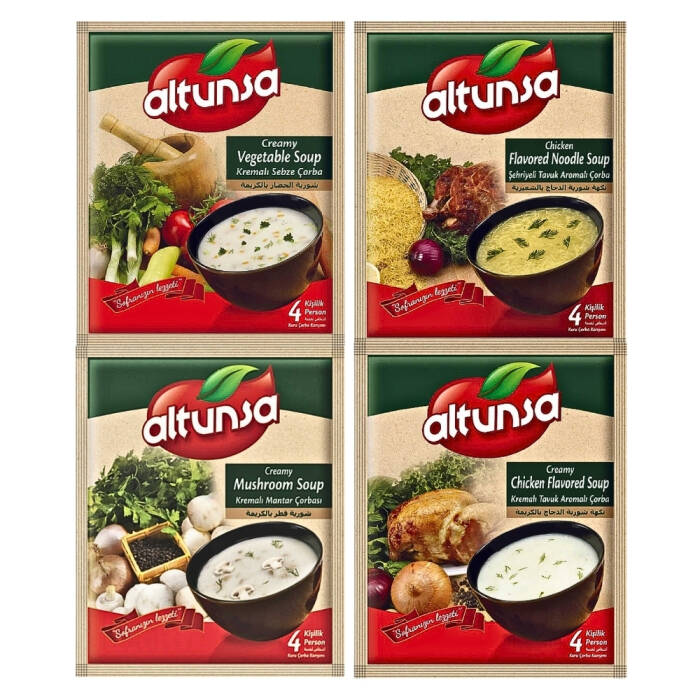 Altunsa Hazır Çorba Çeşitleri 4 lü Paket (Kremalı Sebze, Kremalı Tavuk, Şehriyeli Tavuk, Kremalı Mantarlı) 60 Gr - 1