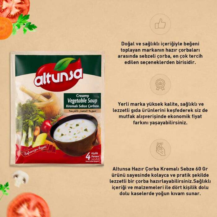 Altunsa Hazır Çorba Çeşitleri 4 lü Paket (Kremalı Sebze, Kremalı Tavuk, Şehriyeli Tavuk, Kremalı Mantarlı) 60 Gr - 4
