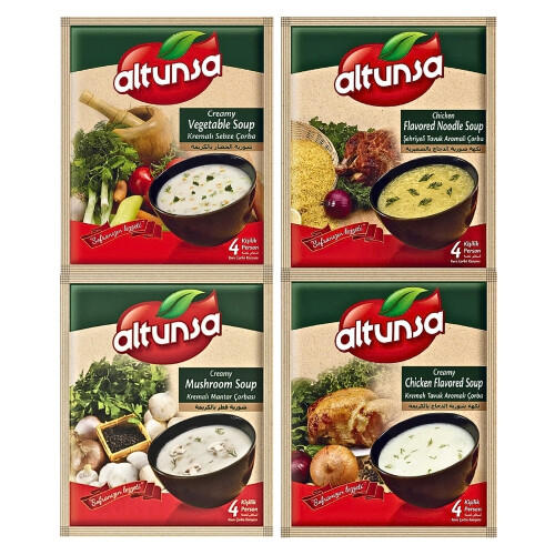 Altunsa Hazır Çorba Çeşitleri 4 lü Paket (Kremalı Sebze, Kremalı Tavuk, Şehriyeli Tavuk, Kremalı Mantarlı) 60 Gr - Altunsa