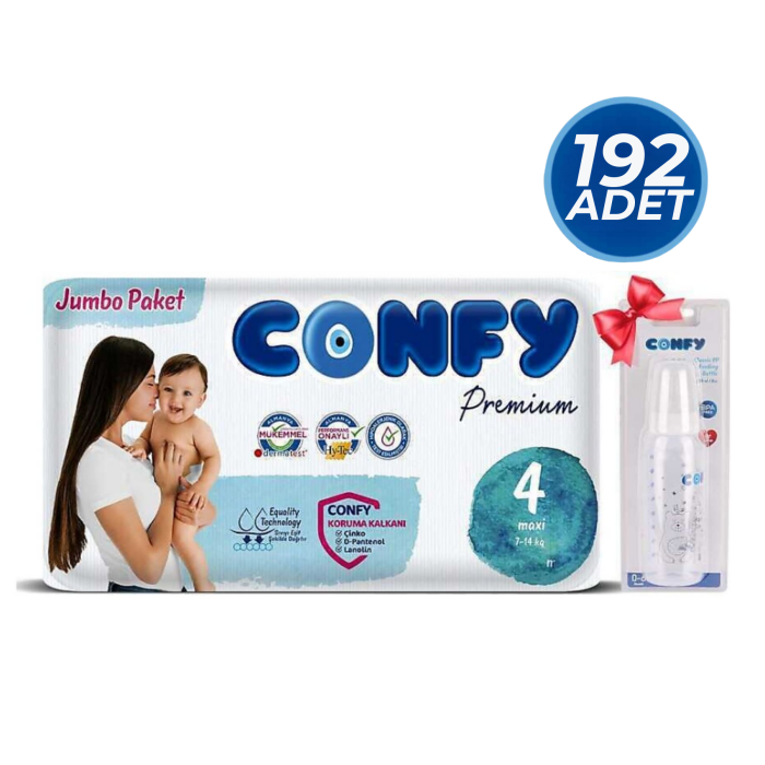 Confy Premium 4 Numara Bebek Bezi Maxi 7 - 14 KG 192 Adet ve Hediye Biberon - 1