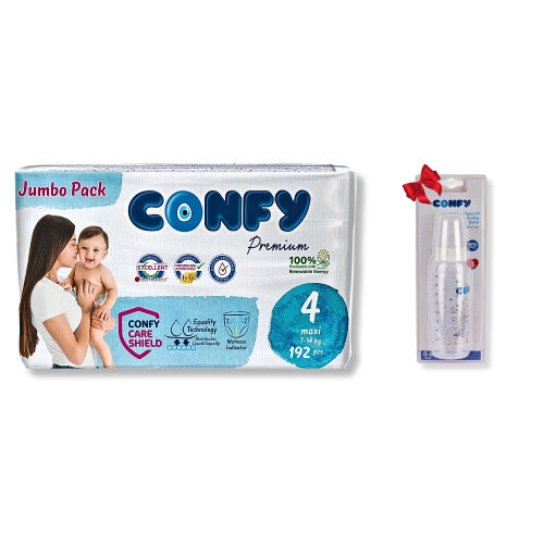Confy Premium 4 Numara Bebek Bezi Maxi 7 - 14 KG 192 Adet ve Hediye Biberon - Confy