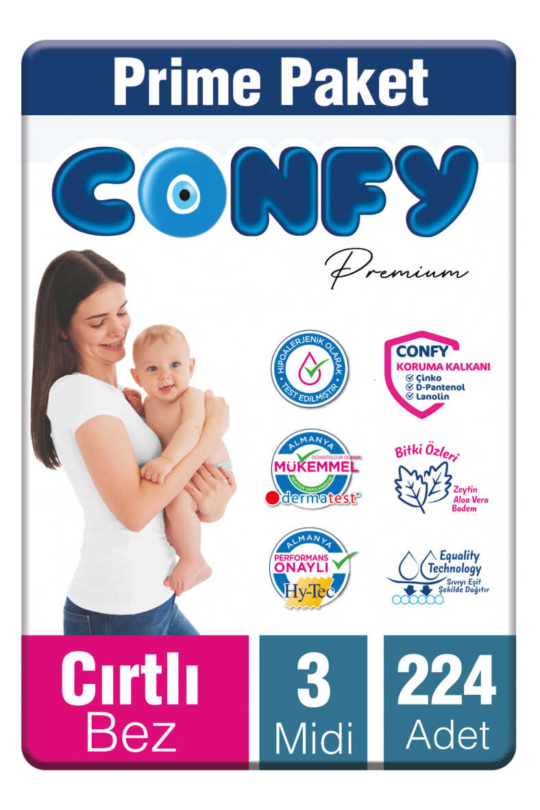 Confy Premium Bebek Bezi 3 Numara Midi 4 - 9 Kg 224 Adet - 1