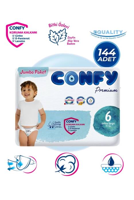 Confy Premium 6 Numara Bebek Bezi Extralarge +15 KG 144 Adet - 1