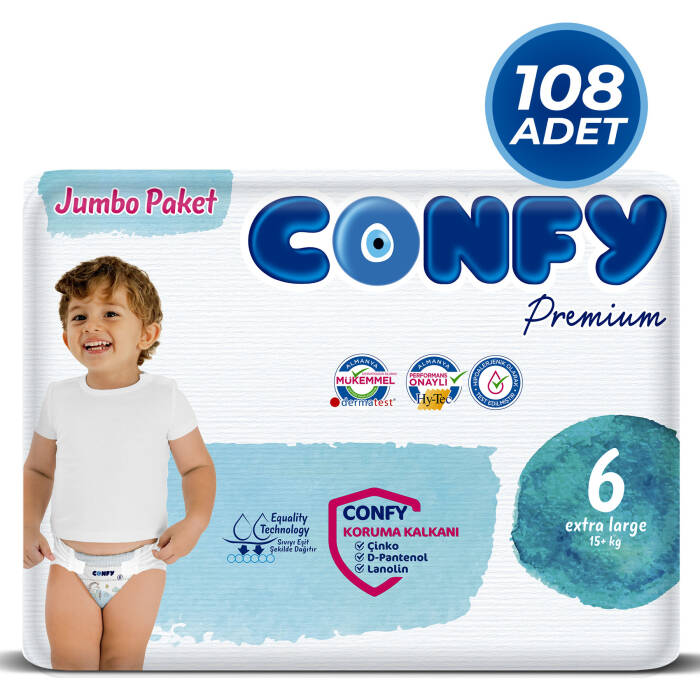 Confy Premium 6 Numara Bebek Bezi Extralarge +15 KG 108 Adet - 1