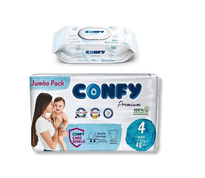 Confy Premium Konfor Seti : 4 Numara Bebek Bezi 48 Adet ve Sensitive ıslak mendil 120 Adet - 1