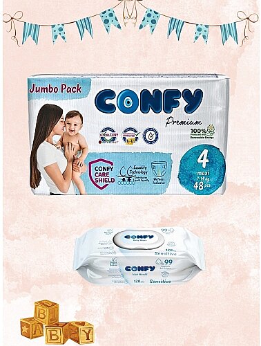 Confy Premium Konfor Seti : 4 Numara Bebek Bezi 48 Adet ve Sensitive ıslak mendil 120 Adet - 2
