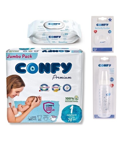 Confy Premium Yenidoğan Seti ( Bebek Bezi, Islak Mendil,Emzik, Biberon) - 1