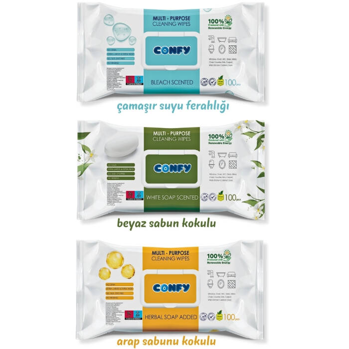 Confy Yüzey Temizlik Havlusu 3lü Set – Arap Sabunu, Beyaz Sabun, Çamaşır Suyu Ferahlığı (100 Yaprak x 3) - 2