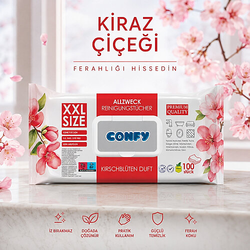 Confy Yüzey Temizlik Havlusu Mendili Kiraz Çiçeği Kokulu XXL 100’lü (100 Yaprak) Çok Amaçlı Temizleme - 5