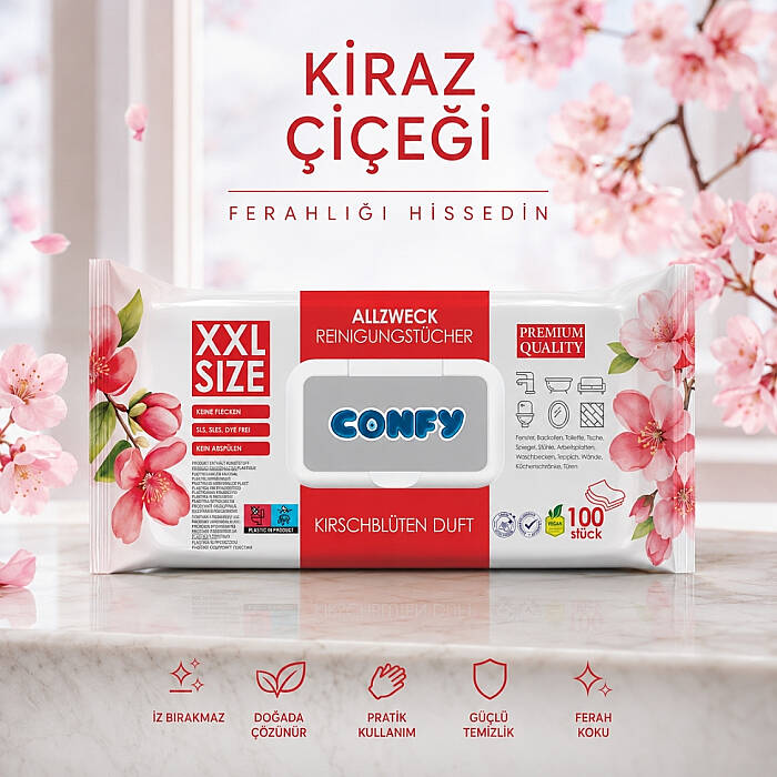 Confy Yüzey Temizlik Havlusu Mendili Kiraz Çiçeği Kokulu XXL 100’lü (100 Yaprak) Çok Amaçlı Temizleme - 5