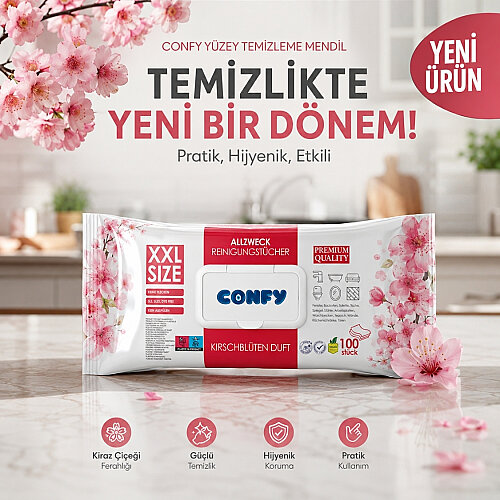 Confy Yüzey Temizlik Havlusu Mendili Kiraz Çiçeği Kokulu XXL 100’lü (100 Yaprak) Çok Amaçlı Temizleme - 3