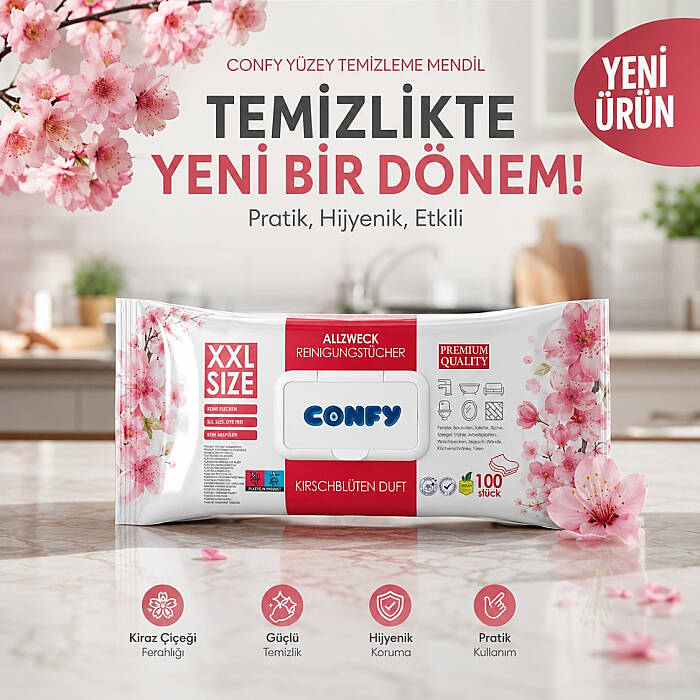 Confy Yüzey Temizlik Havlusu Mendili Kiraz Çiçeği Kokulu XXL 100’lü (100 Yaprak) Çok Amaçlı Temizleme - 3