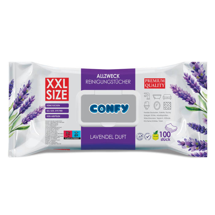 Confy Yüzey Temizlik Havlusu Mendili Lavanta Kokulu XXL 100’lü (100 Yaprak) Çok Amaçlı Temizleme - 1