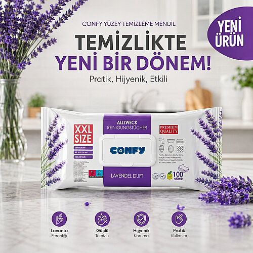 Confy Yüzey Temizlik Havlusu Mendili Lavanta Kokulu XXL 100’lü (100 Yaprak) Çok Amaçlı Temizleme - 3
