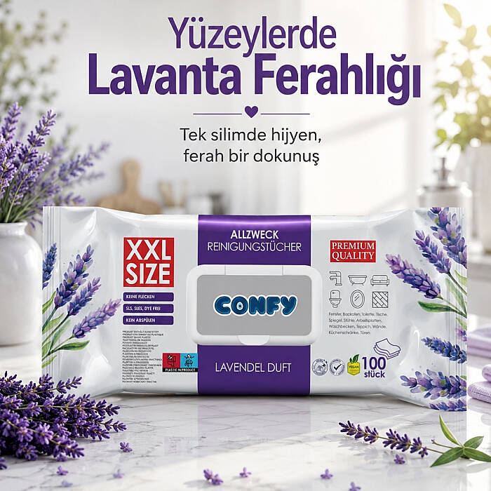 Confy Yüzey Temizlik Havlusu Mendili Lavanta Kokulu XXL 100’lü (100 Yaprak) Çok Amaçlı Temizleme - 5