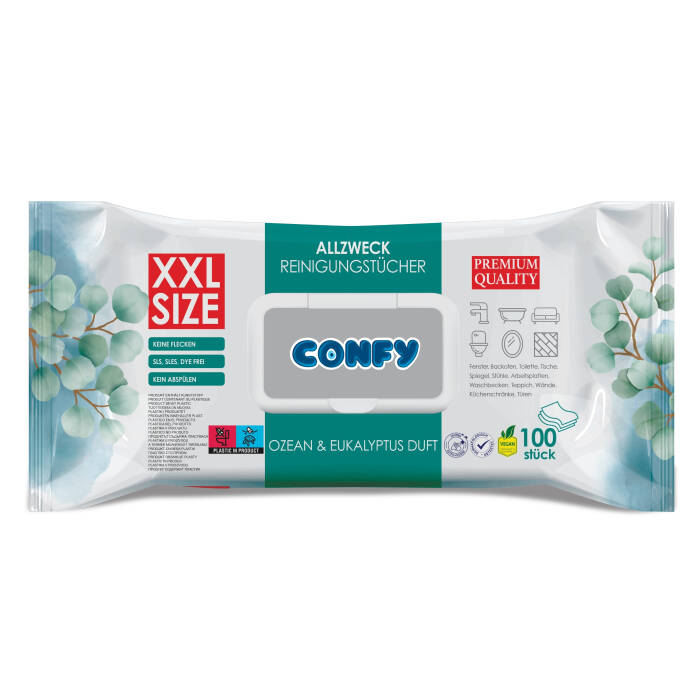 Confy Yüzey Temizlik Havlusu Mendili Okyanus & Okaliptüs Kokulu XXL 100’lü (100 Yaprak) Çok Amaçlı Temizleme - 1