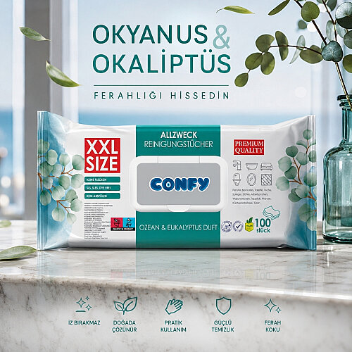 Confy Yüzey Temizlik Havlusu Mendili Okyanus & Okaliptüs Kokulu XXL 100’lü (100 Yaprak) Çok Amaçlı Temizleme - 4