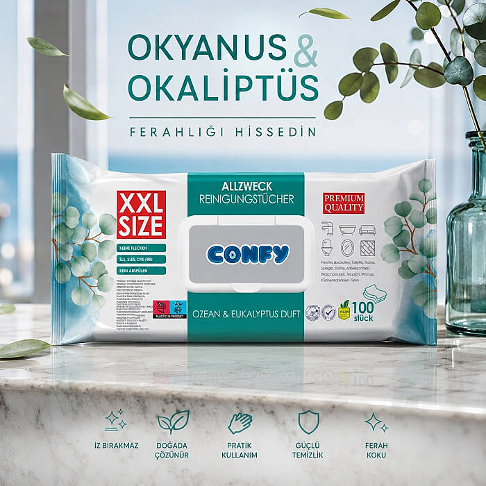 Confy Yüzey Temizlik Havlusu Mendili Okyanus & Okaliptüs Kokulu XXL 100’lü (100 Yaprak) Çok Amaçlı Temizleme - 4