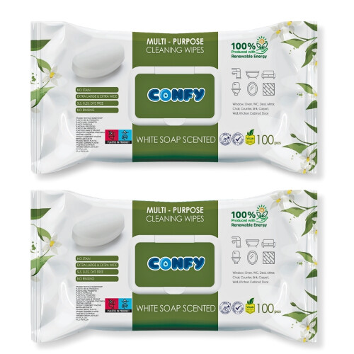 Confy Yüzey Temizlik Havlusu ve Mendili – Beyaz Sabun Kokulu (2 Paket x 100 Yaprak) - Confy