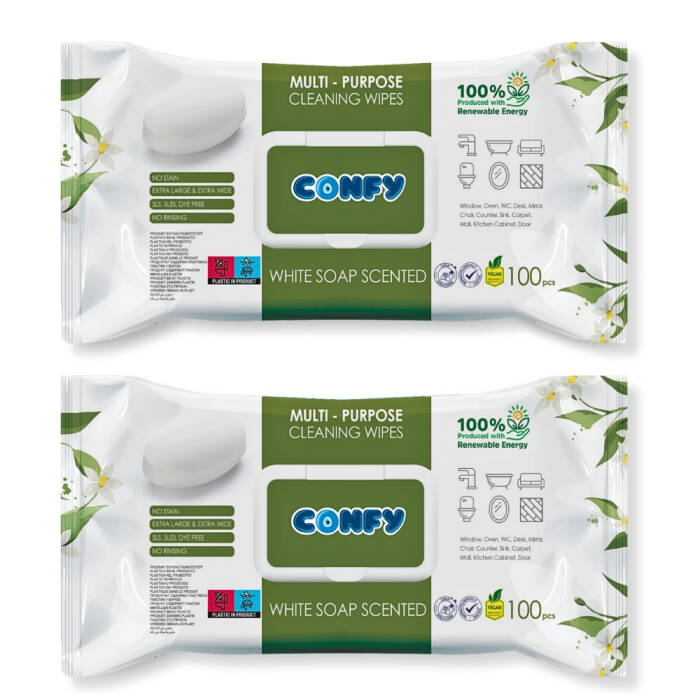 Confy Yüzey Temizlik Havlusu ve Mendili – Beyaz Sabun Kokulu (2 Paket x 100 Yaprak) - 1