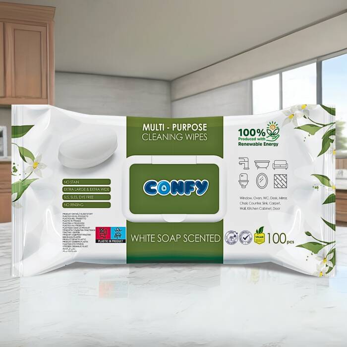 Confy Yüzey Temizlik Havlusu ve Mendili – Beyaz Sabun Kokulu (2 Paket x 100 Yaprak) - 6