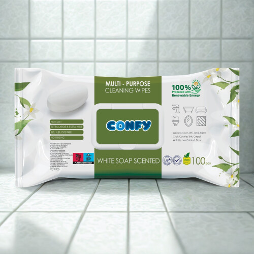 Confy Yüzey Temizlik Havlusu ve Mendili – Beyaz Sabun Kokulu (2 Paket x 100 Yaprak) - 4