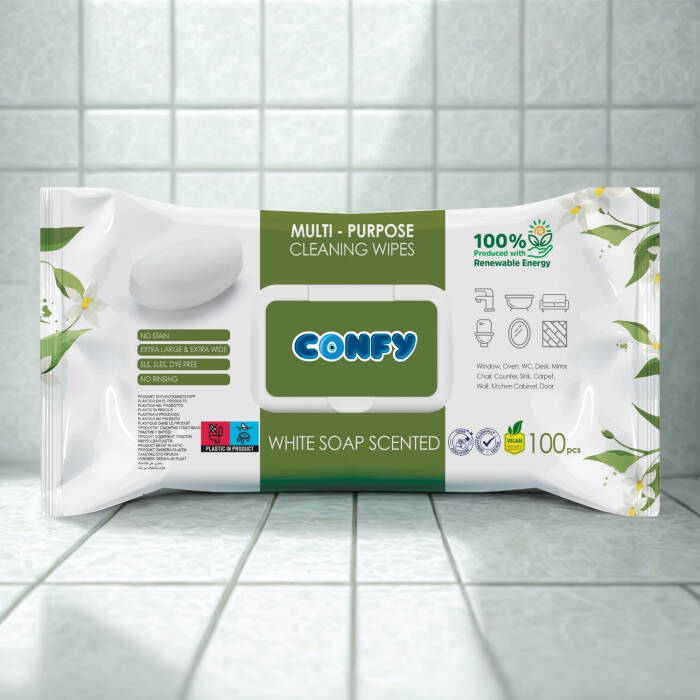Confy Yüzey Temizlik Havlusu ve Mendili – Beyaz Sabun Kokulu (2 Paket x 100 Yaprak) - 4