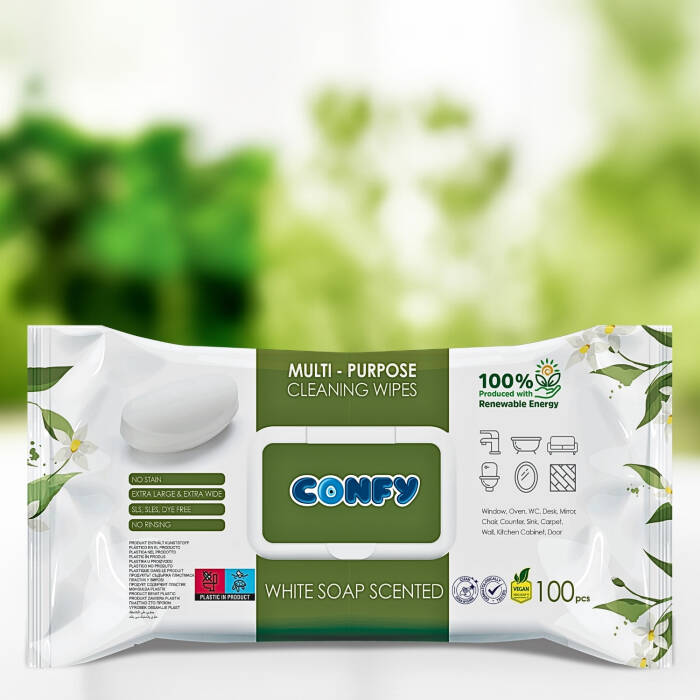 Confy Yüzey Temizlik Havlusu ve Mendili – Beyaz Sabun Kokulu (2 Paket x 100 Yaprak) - 5