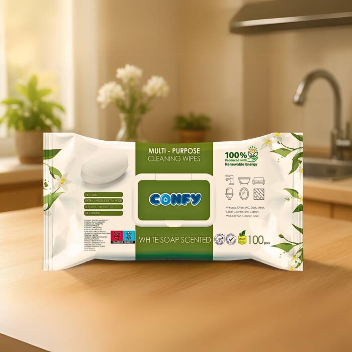 Confy Yüzey Temizlik Havlusu ve Mendili – Beyaz Sabun Kokulu (2 Paket x 100 Yaprak) - 7
