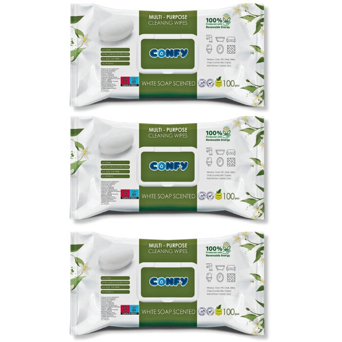 Confy Yüzey Temizlik Havlusu ve Mendili – Beyaz Sabun Kokulu (3 Paket x 100 Yaprak) - 1
