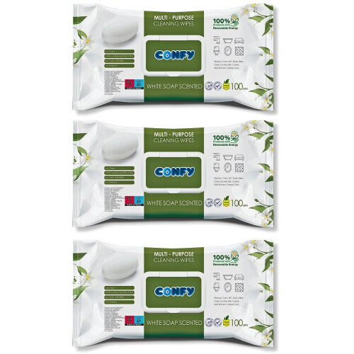 Confy Yüzey Temizlik Havlusu ve Mendili – Beyaz Sabun Kokulu (3 Paket x 100 Yaprak) - Confy