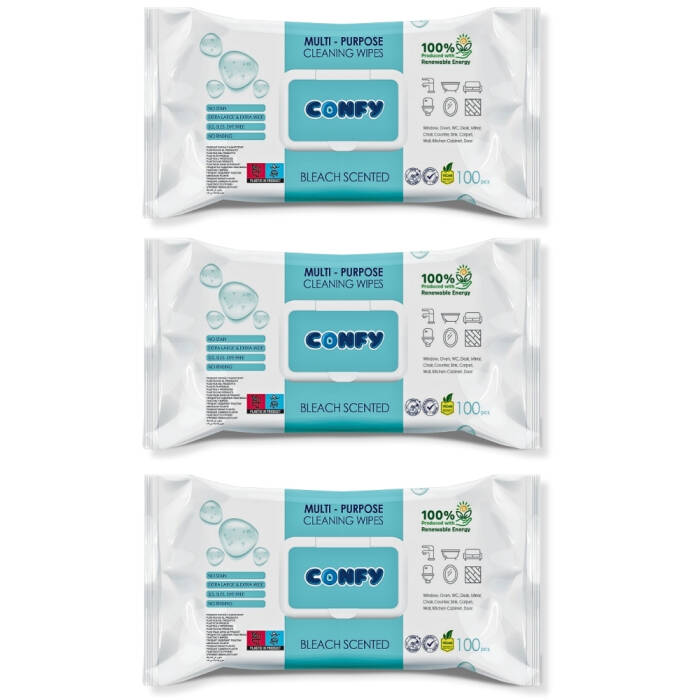 Confy Yüzey Temizlik Havlusu ve Mendili – Çamaşır Suyu Ferahlığı (3 Paket x 100 Yaprak) - 1