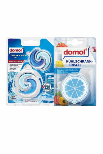 Domol Bulaşık Makinesi Koku Giderici 120 Yıkama 2x6 ml ve Kokusuz Buzdolabı Deodorantı Kartuş ve Karbon Fil - Domol