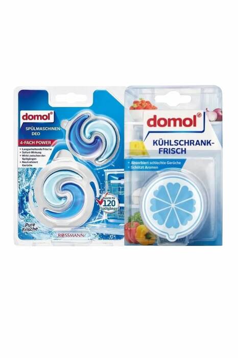 Domol Bulaşık Makinesi Koku Giderici 120 Yıkama 2x6 ml ve Kokusuz Buzdolabı Deodorantı Kartuş ve Karbon Fil - 1