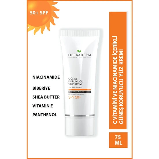 Herbaderm Suya Dayanıklı Güneş Koruyucu Yüz Kremi Uva + Uvb (50+Spf) 75 ml - Herbaderm