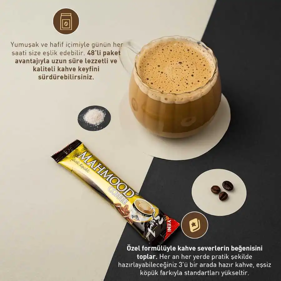 Mahmood Coffee 3'ü 1 Arada Sütlü Köpüklü Hazır Kahve 48 Adet x 18 Gram - 4