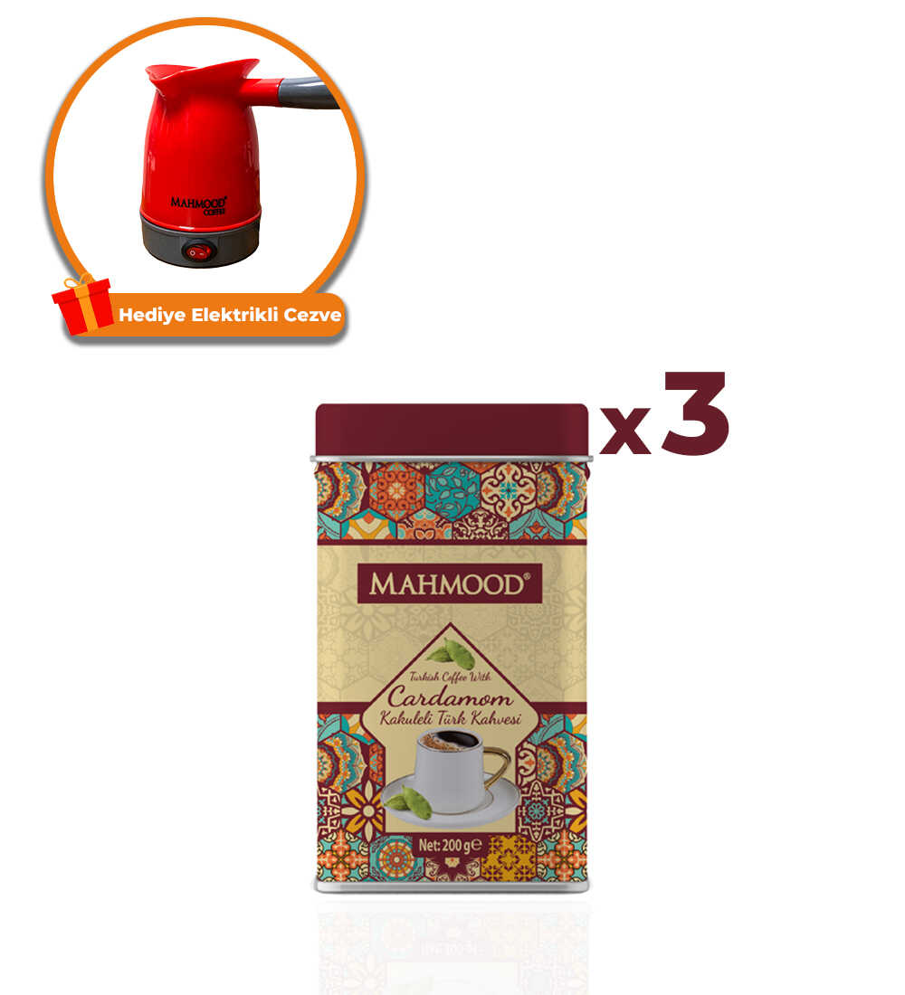 Mahmood Coffee Kakuleli Türk Kahvesi Metal Kutu 200 Gr 3 Adet | Elektrikli Cezve 1 Adet - 1
