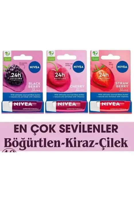 NIVEA Dudak Kremi 3ü Bir Arada Çilekli 4,8 gr Böğürtlen 4,8 gr Kiraz 4,8 gr - 1