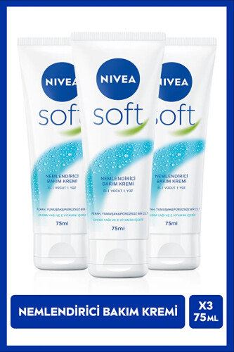 NIVEA Soft Nemlendirici Bakım Kremi 75ml Jojoba Yağı E Vitamini El Yüz Vücut Yumuşak Canlı Cilt 3 Adet - 1