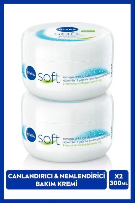 NIVEA Soft Nemlendirici El Yüz ve Vücut Bakım Kremi 300ml, Jojoba Yağı, E Vitamini, Pürüzsüz Cilt, X2 Adet - 1
