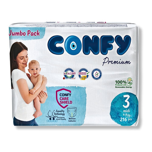Confy Premium Bebek Bezi 3 Numara Midi 4 - 9 Kg 216 Adet - Confy