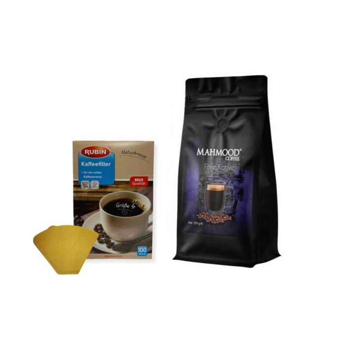 Mahmood Coffee Filtre Kahve 250 G ve Rubin Büyük Boy Kahve Filtresi Naturel Kağıt 4 Numara 100 adet Set - 1