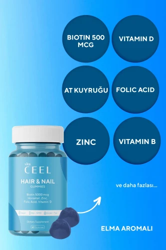 Vita Ceel Saç Tırnak Vitamini Çiğnenebilir Vegan Gummy Biotin 5000, Vitamin D, Çinko, Folik Asit, At Kuyruğu - 7
